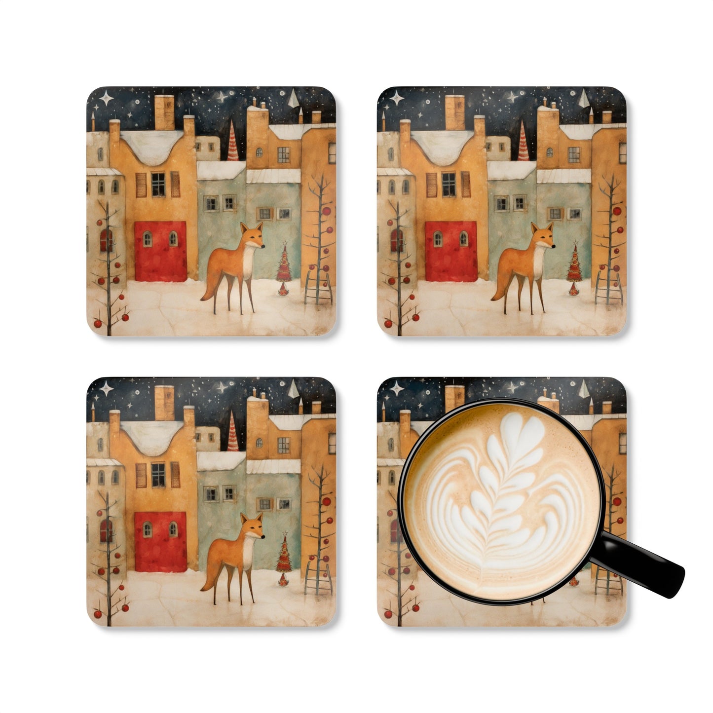 New Mexico, Adobe, Santa Fe, Coyote Winter Folk Art Gift, Corkwood Coaster Set High Desert Coyote in Adobe Houses, Christmas