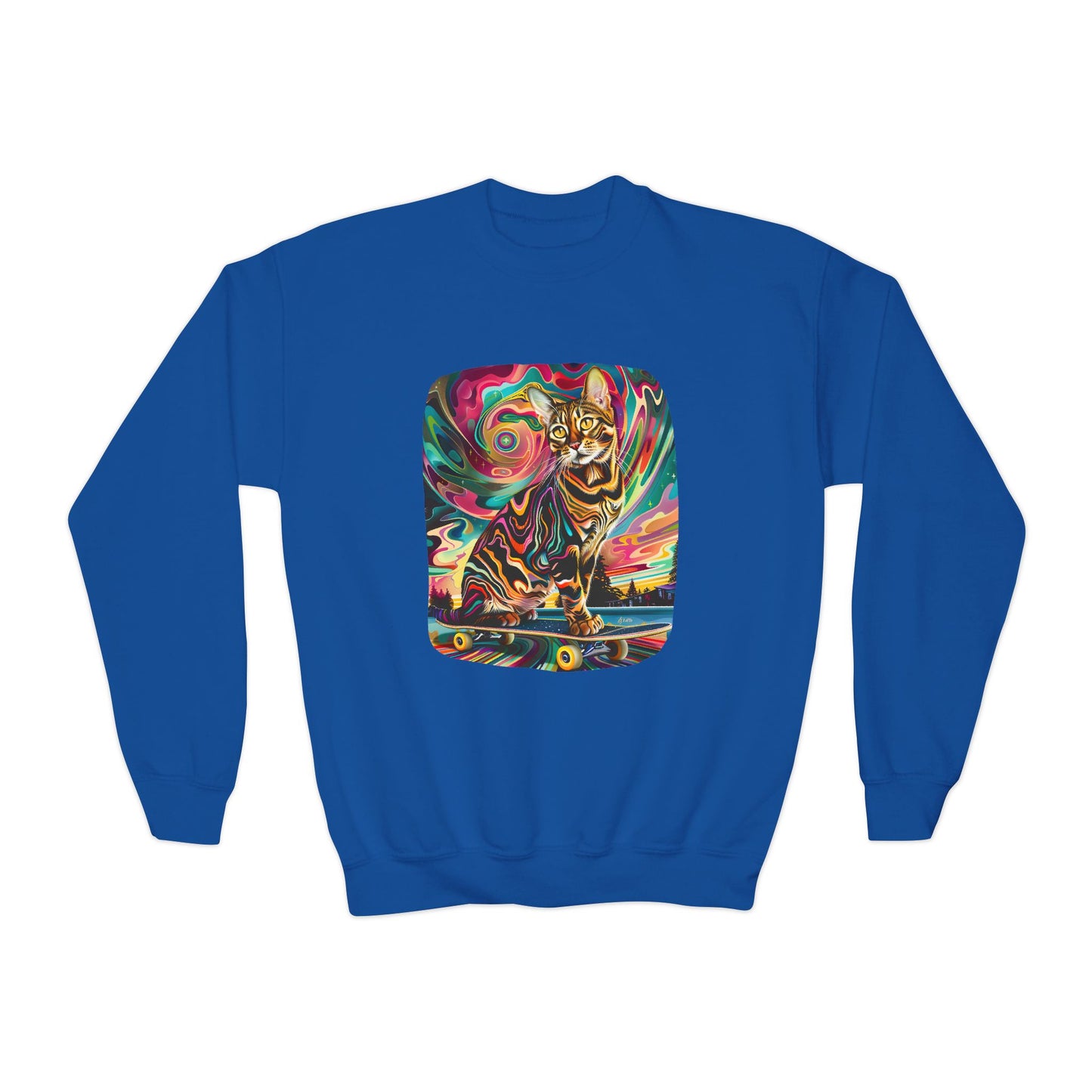 Skatboard Cats for Kids Sweatshirt - Psychedelic Skateboard Cat Youth Crewneck Sweatshirt -Christmas Cat Gift