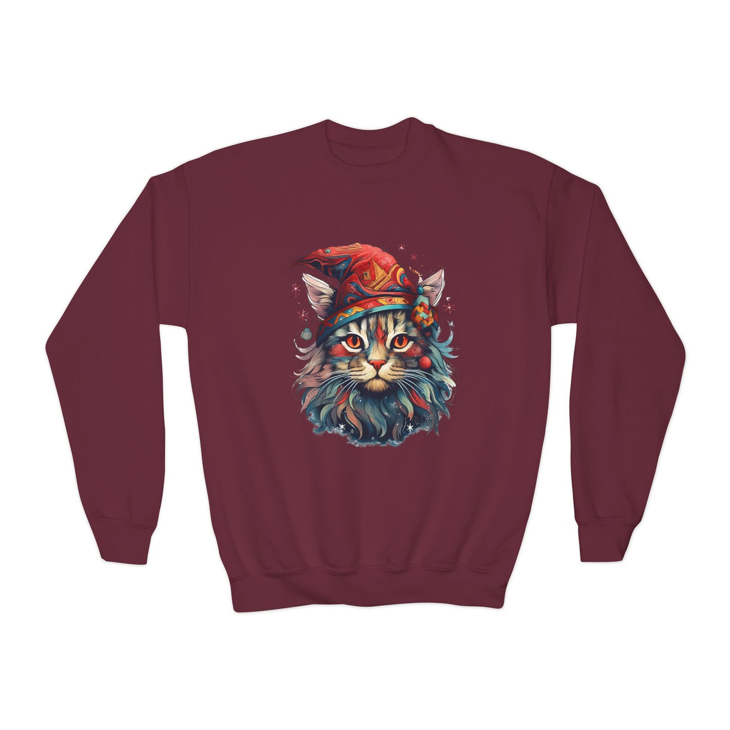 Santa's Cat Elf in Santa Hat, Kids Sweatshirt - Adorable Kids Youth Crewneck Sweatshirt -Christmas Cat Wizard Gift