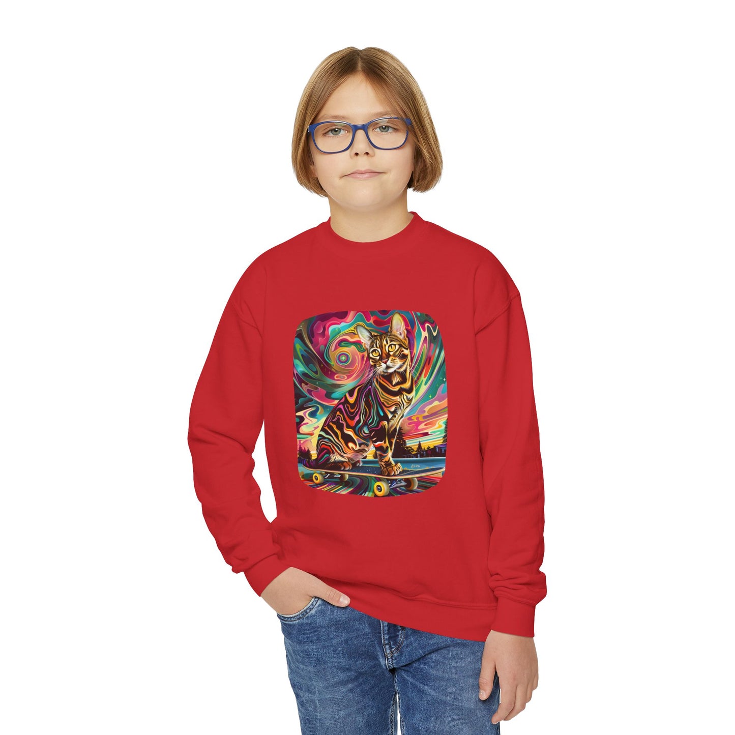 Skatboard Cats for Kids Sweatshirt - Psychedelic Skateboard Cat Youth Crewneck Sweatshirt -Christmas Cat Gift