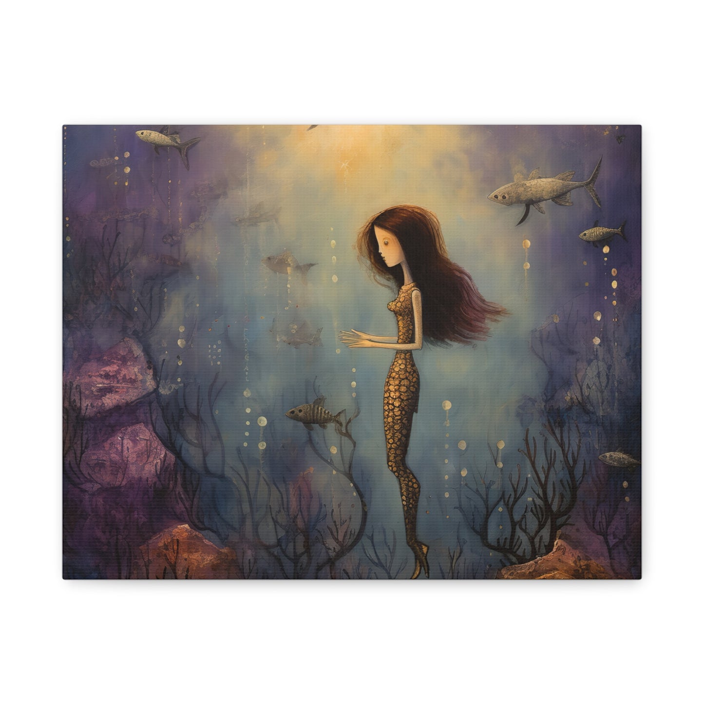 Purple Mermaid Underwater Scene, Mermaid Gift, Kids, Fantasy Mystical Fish Wall Art, Canvas, Flower Gift, Wall Art Painting Pastel