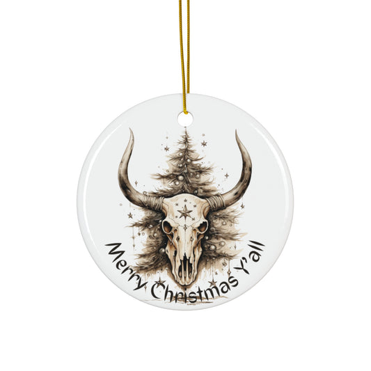 Texas Longhorn Christmas Greeting Ceramic Tree Ornament. "Merry Christmas Y'all" Southern South Ceramic Christmas Gift Cow Skull