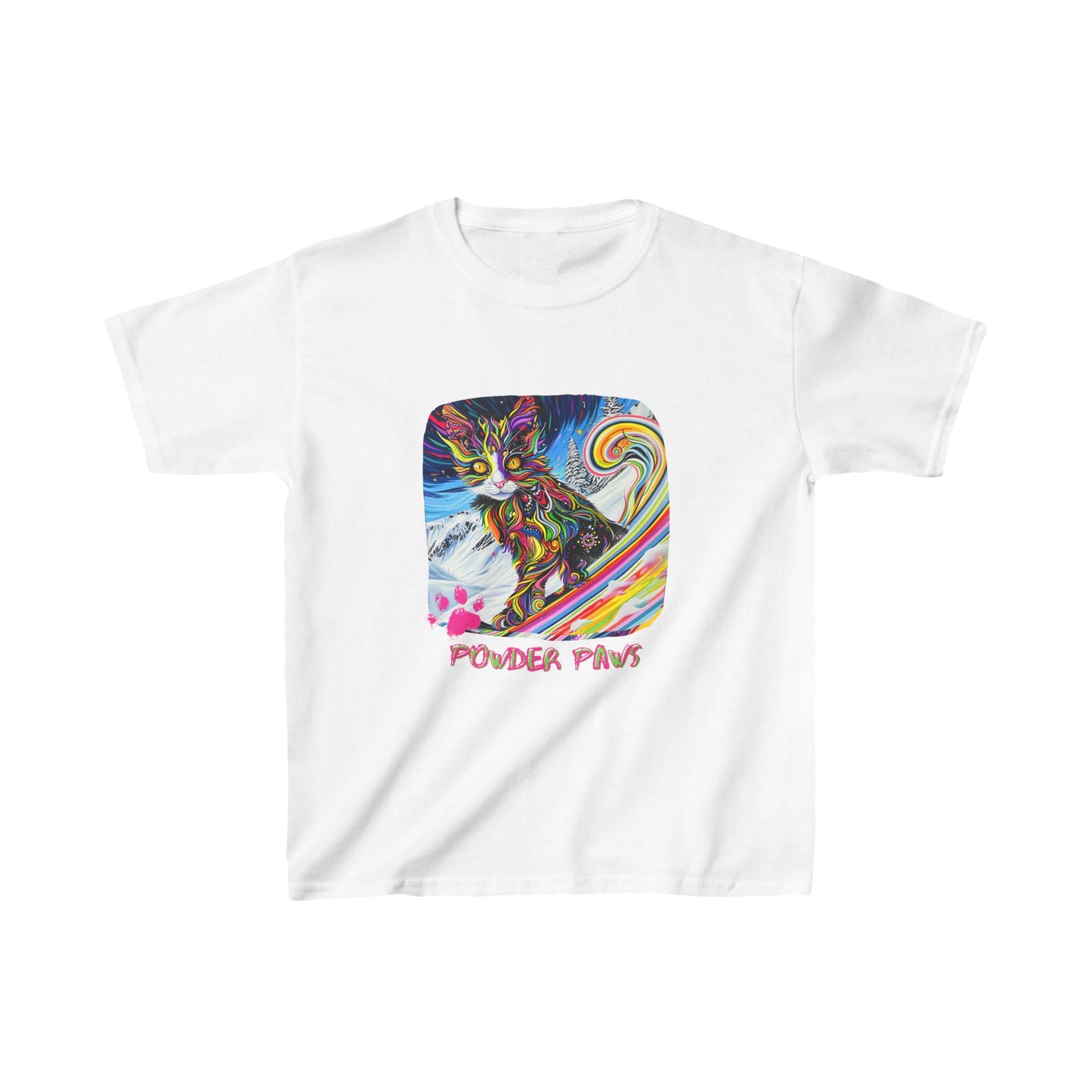 Kids - Powder Paws Skiing Cat Graphic Tee - Vibrant Ski Cat Design for Young Adventurers