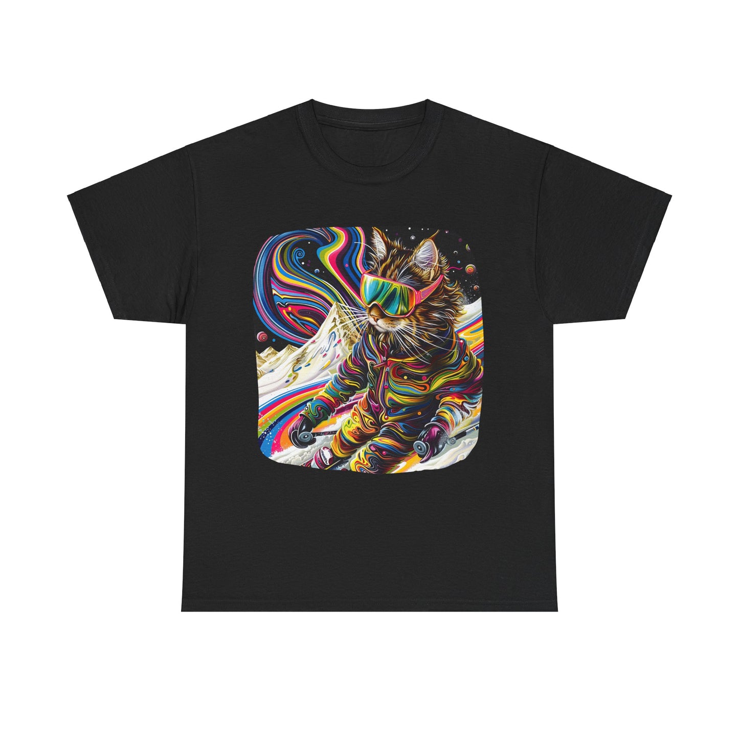 Ski Cat, Winter Sports Cat Shirt, Art Gift   -  Cool Cats Unisex Heavy Cotton Tee T-Shirt