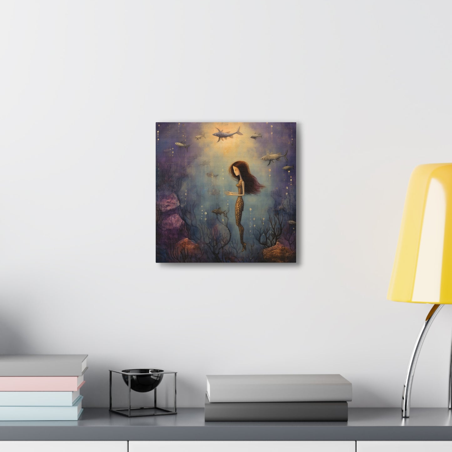 Purple Mermaid Underwater Scene, Mermaid Gift, Kids, Fantasy Mystical Fish Wall Art, Canvas, Flower Gift, Wall Art Painting Pastel