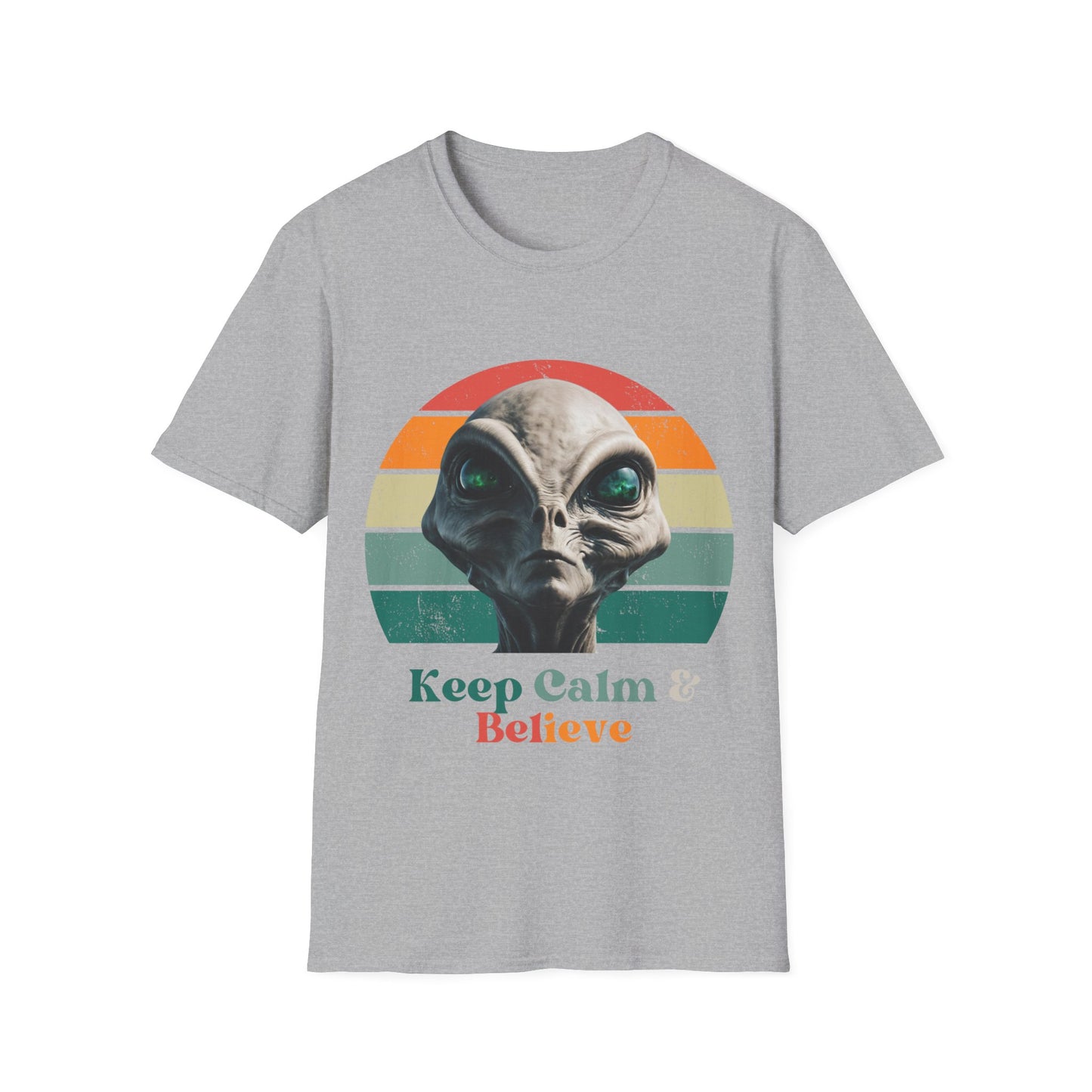 Retro Alien ET, Extraterrestrial Shirt, T-Shirt, "Keep Calm and Believe" Softstyle Unisex Tee Shirt  - 60s 70s Vibe- Keep Calm Hippie Shirt