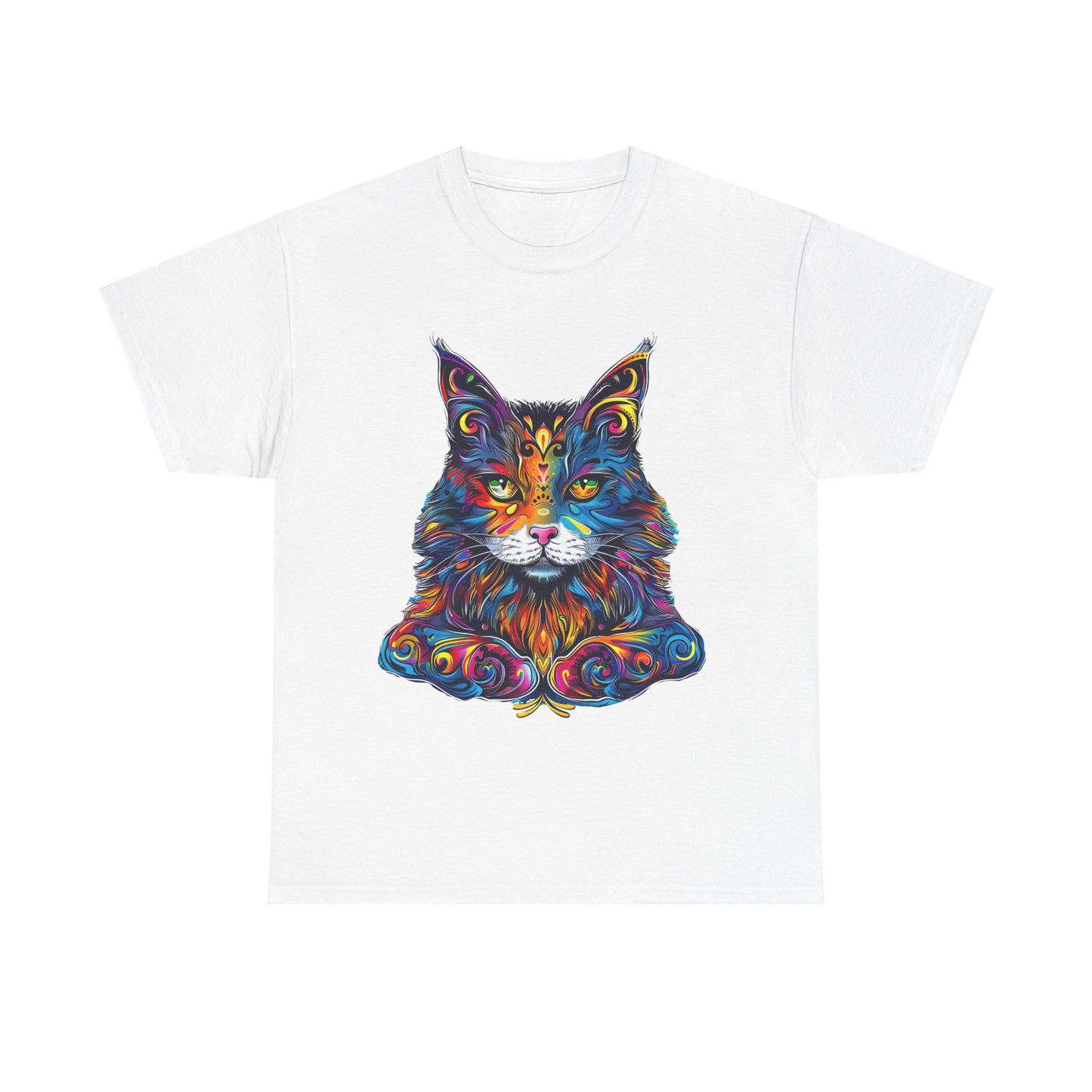 Chill Vibe Jewel Tone Cat Graphic Tee - Cat Lover TeeShirt - T-shirt    - Cat Gift Unisex Heavy Cotton Tee T-Shirt