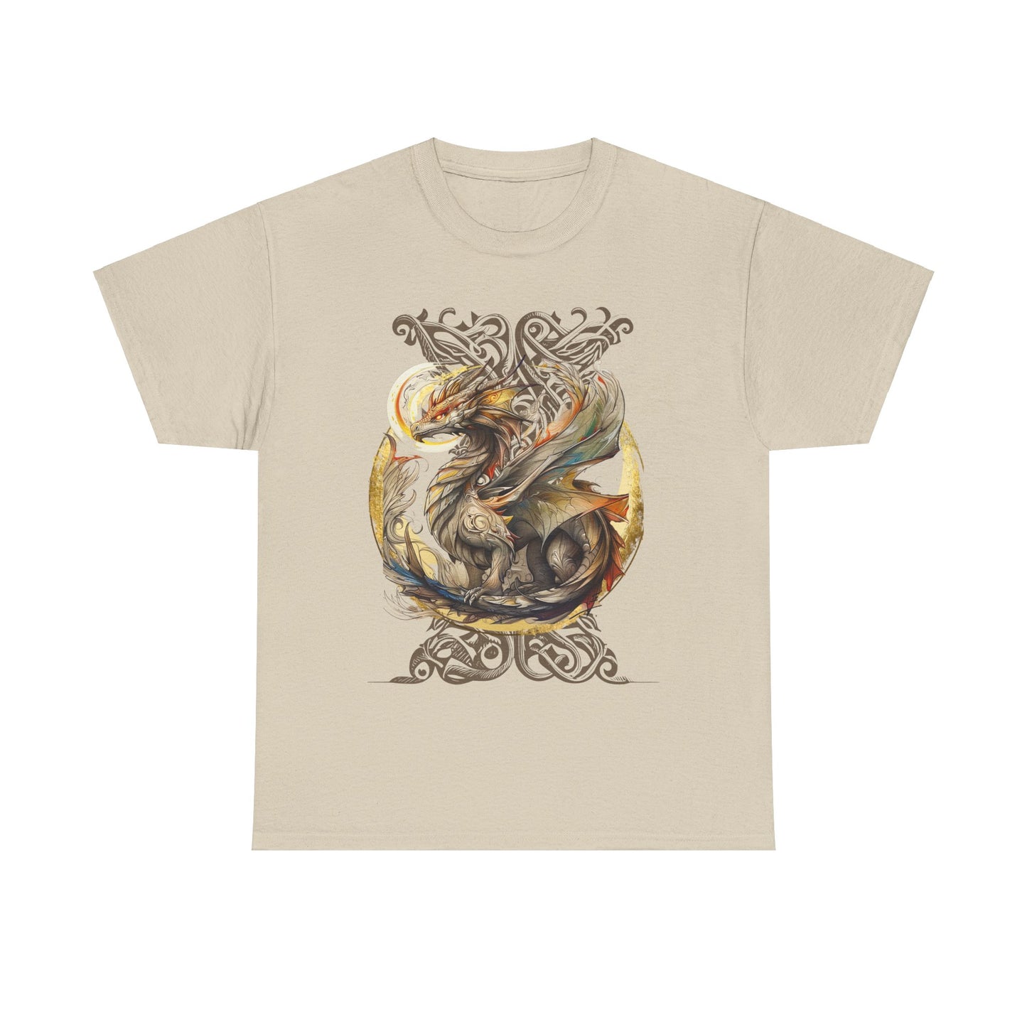 Celtic Background Dragon Graphic Tee - Dragon T-shirt -  Dragon Lovers Unisex Heavy Cotton Tee T-Shirt