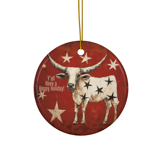 Cattle Longhorn Stars Christmas Greeting Ceramic Tree Ornament. Merry Y'all Have a Happy Holiday Southern Greeting Gift