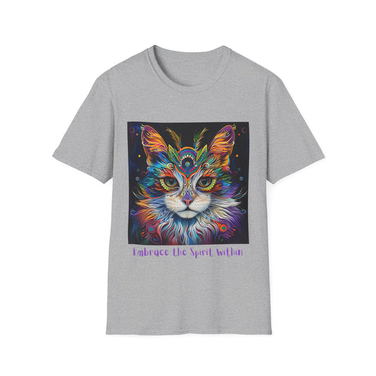 "Embrace the Spirit Within" Cat Shaman Graphic Cat Tee, Cat Lover's Graphic Tee Graphic Unisex T- Shirt, T-Shirt Cat Lovers Gift  Softstyle T-Shirt Tee Teeshirt Stylized Cat