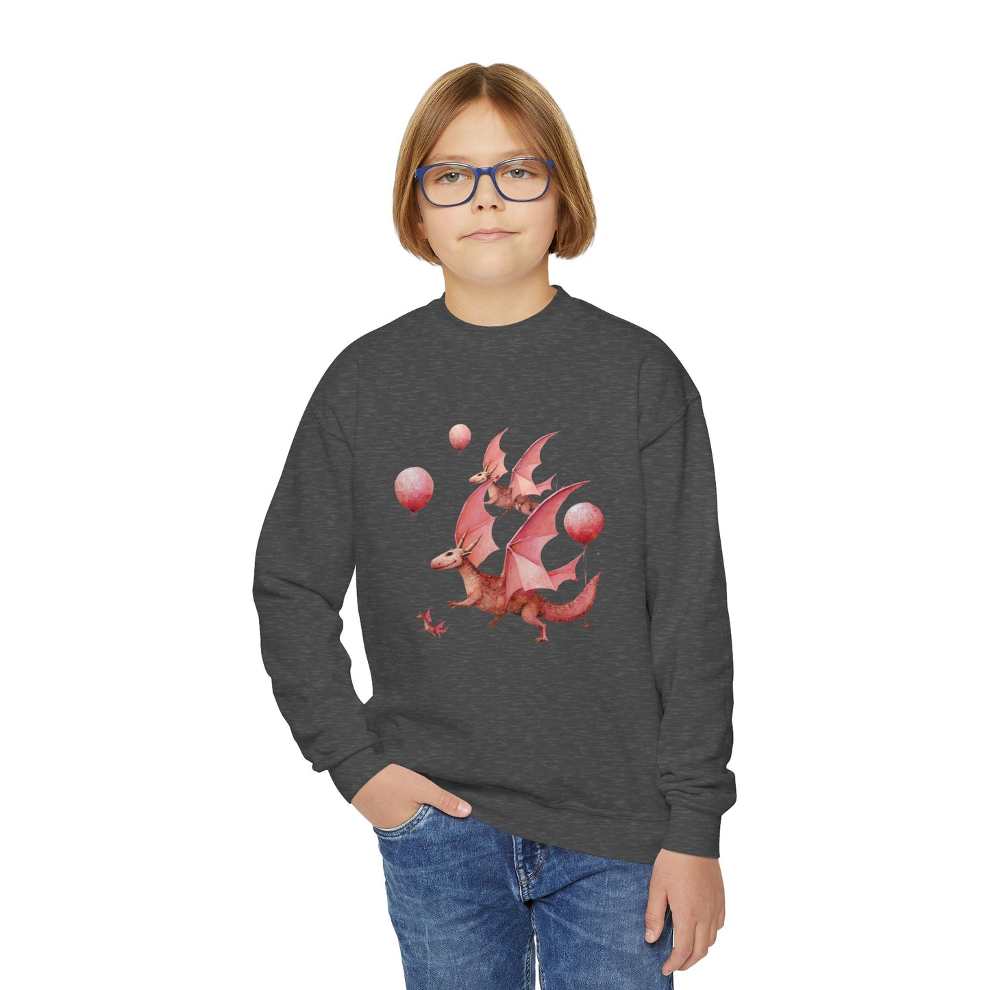 Pink Flying Dragon Sweatshirt, Dragon Lovers, Kids, Girls, Boys Youth Crewneck Sweatshirt Magic Birthday