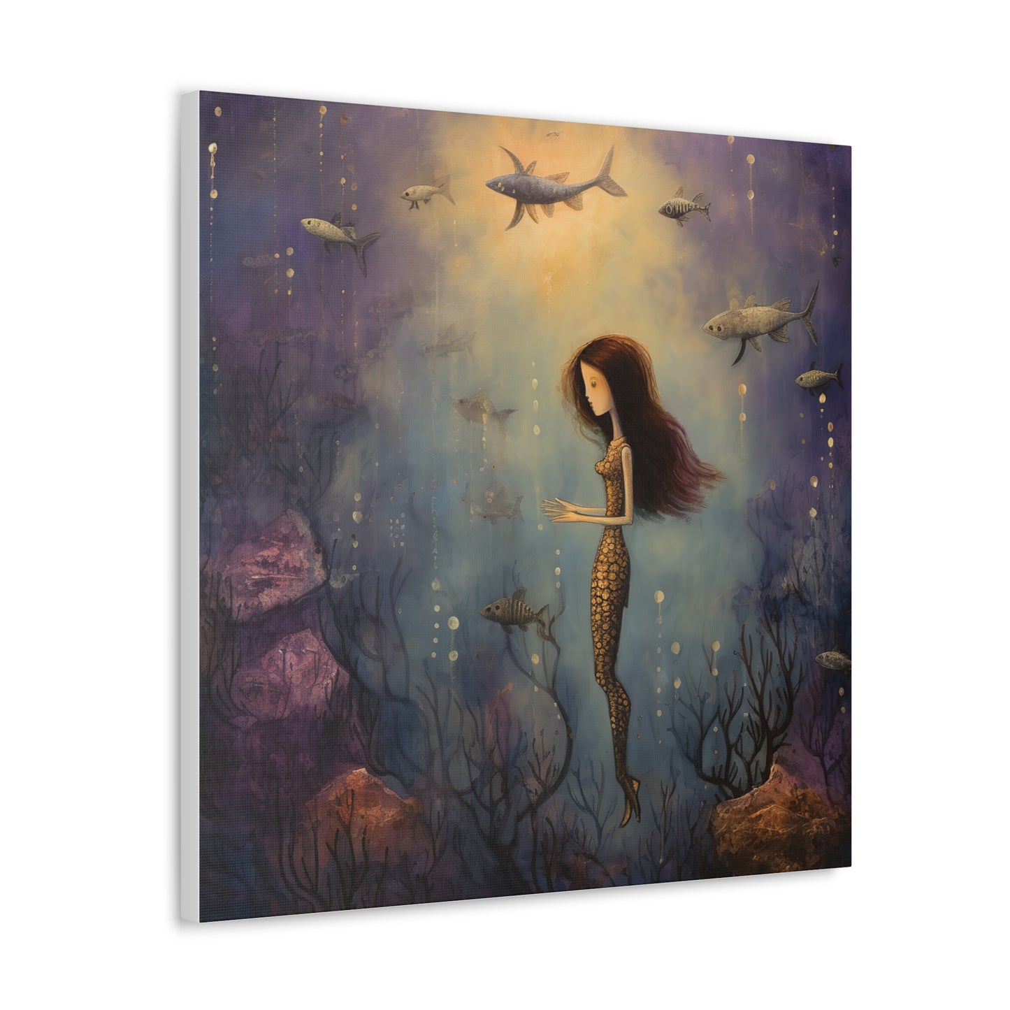 Purple Mermaid Underwater Scene, Mermaid Gift, Kids, Fantasy Mystical Fish Wall Art, Canvas, Flower Gift, Wall Art Painting Pastel