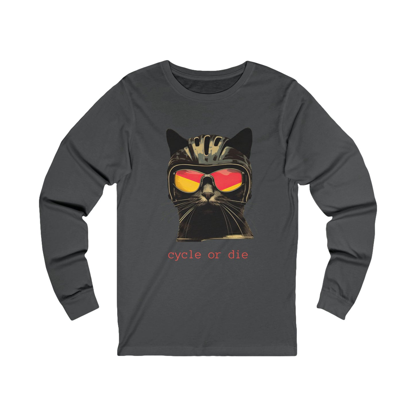 Cat in a Bike Helmet, Cat, Cycling Lover's Gift "Cycle or Die" Unisex Jersey Long Sleeve Tee Shirt, T-Shirt, Cat or Bike Lovers Gift