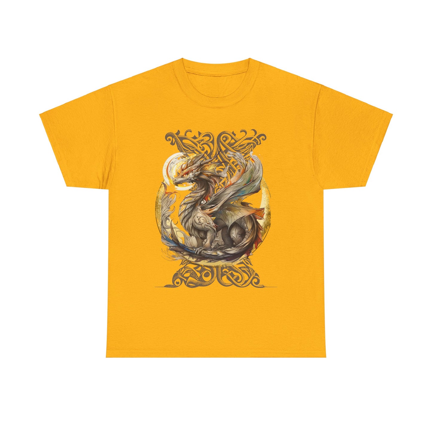 Celtic Background Dragon Graphic Tee - Dragon T-shirt -  Dragon Lovers Unisex Heavy Cotton Tee T-Shirt