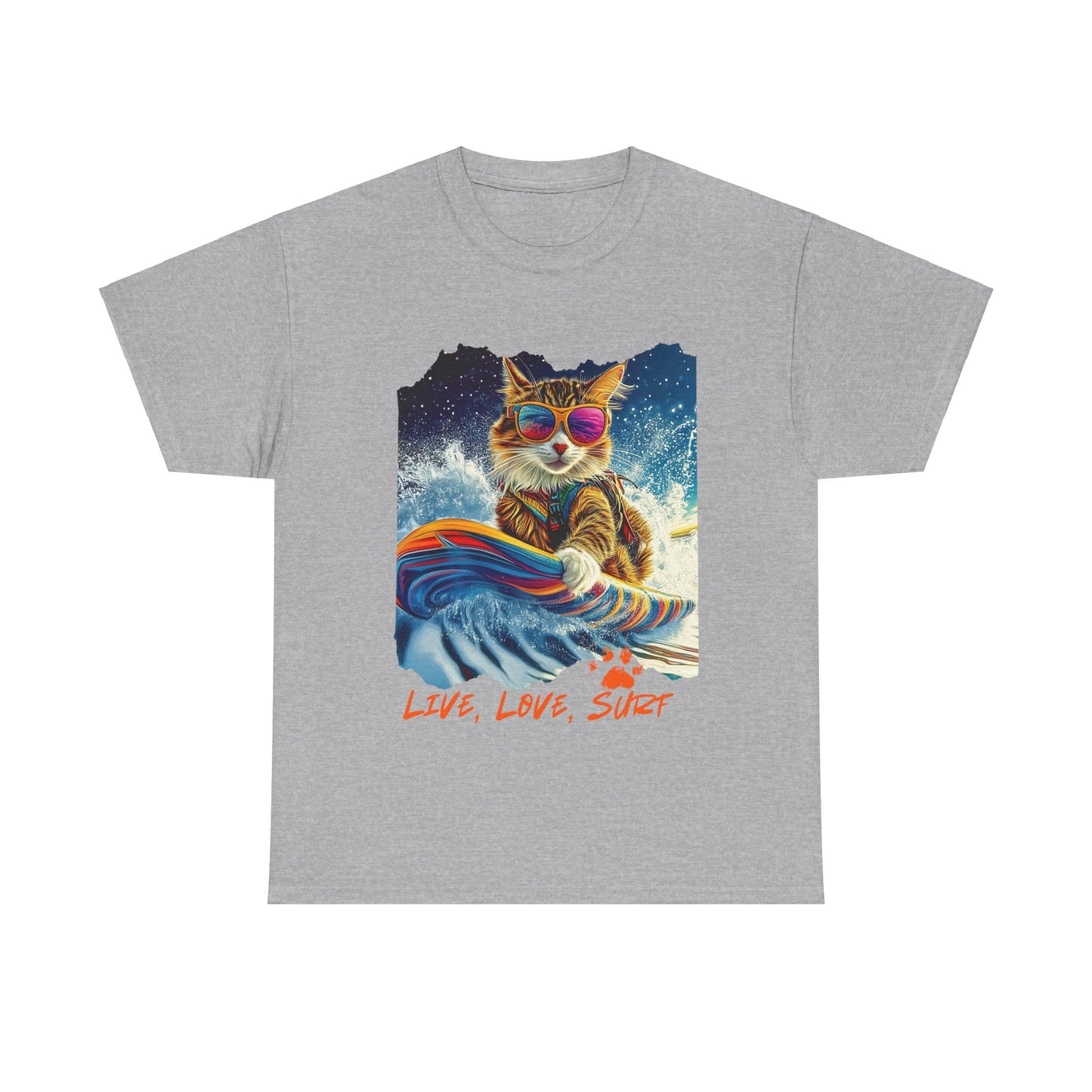 Live, Love Surf - Surfer Cat Graphic Tee, Cat on Surfboard  reads "Live, Love Surf"  Surf Life Cat ,Art Gift   -  Cool Cats Unisex Heavy Cotton Tee T-Shirt