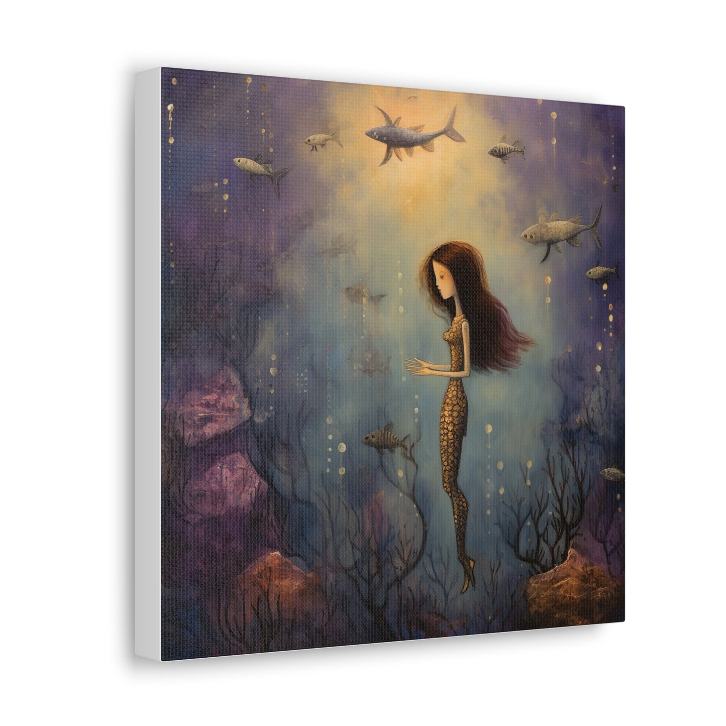 Purple Mermaid Underwater Scene, Mermaid Gift, Kids, Fantasy Mystical Fish Wall Art, Canvas, Flower Gift, Wall Art Painting Pastel