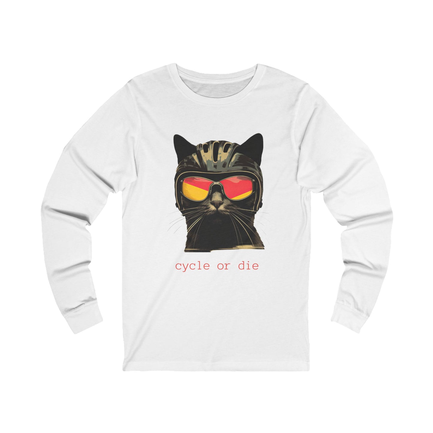 Cat in a Bike Helmet, Cat, Cycling Lover's Gift "Cycle or Die" Unisex Jersey Long Sleeve Tee Shirt, T-Shirt, Cat or Bike Lovers Gift