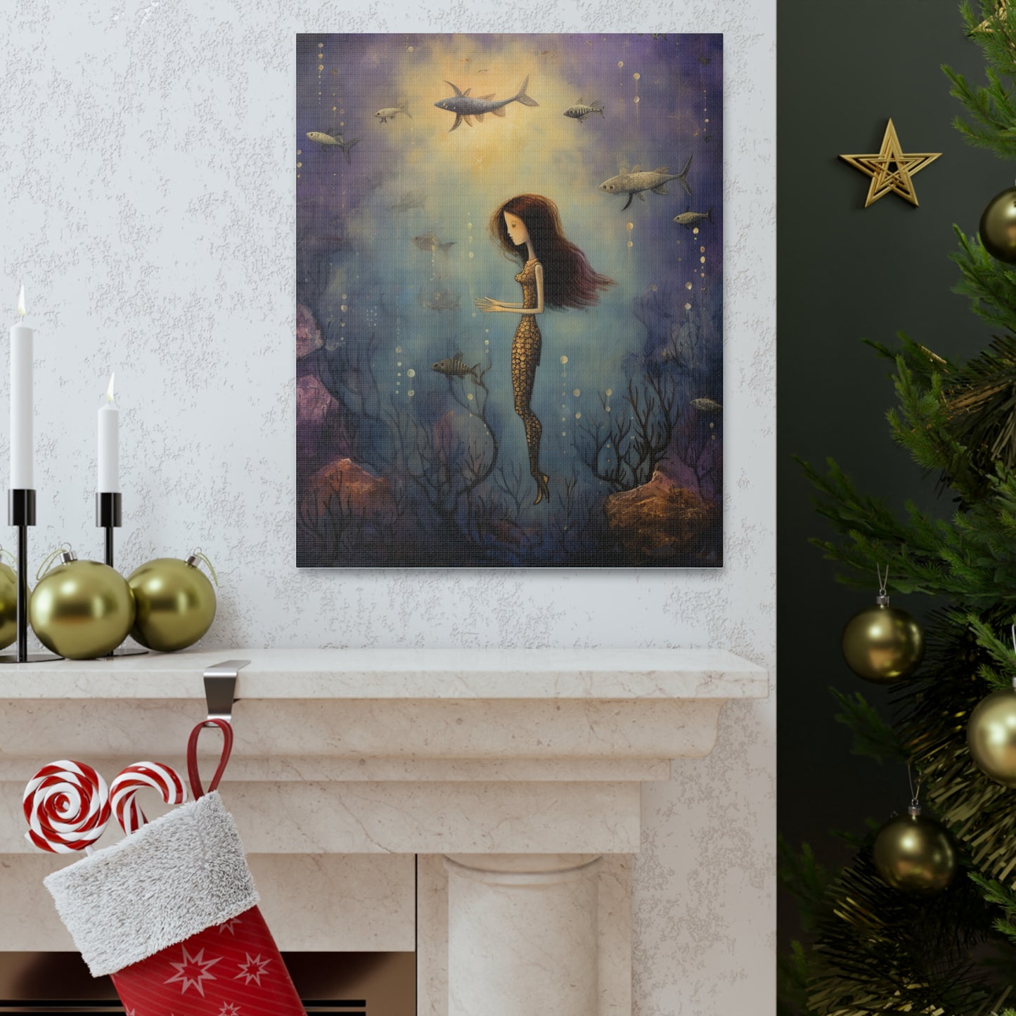 Purple Mermaid Underwater Scene, Mermaid Gift, Kids, Fantasy Mystical Fish Wall Art, Canvas, Flower Gift, Wall Art Painting Pastel