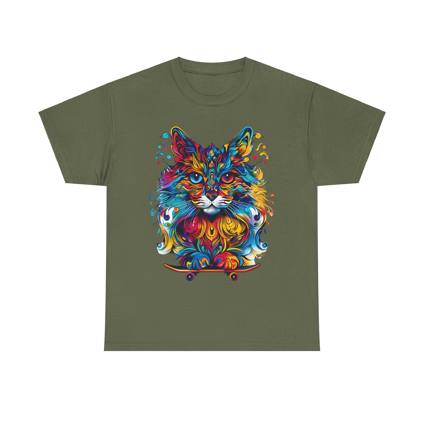 Skateboard Cat (V4) Skater Cat Art Gift   -  Cool Cats Unisex Heavy Cotton Tee T-Shirt