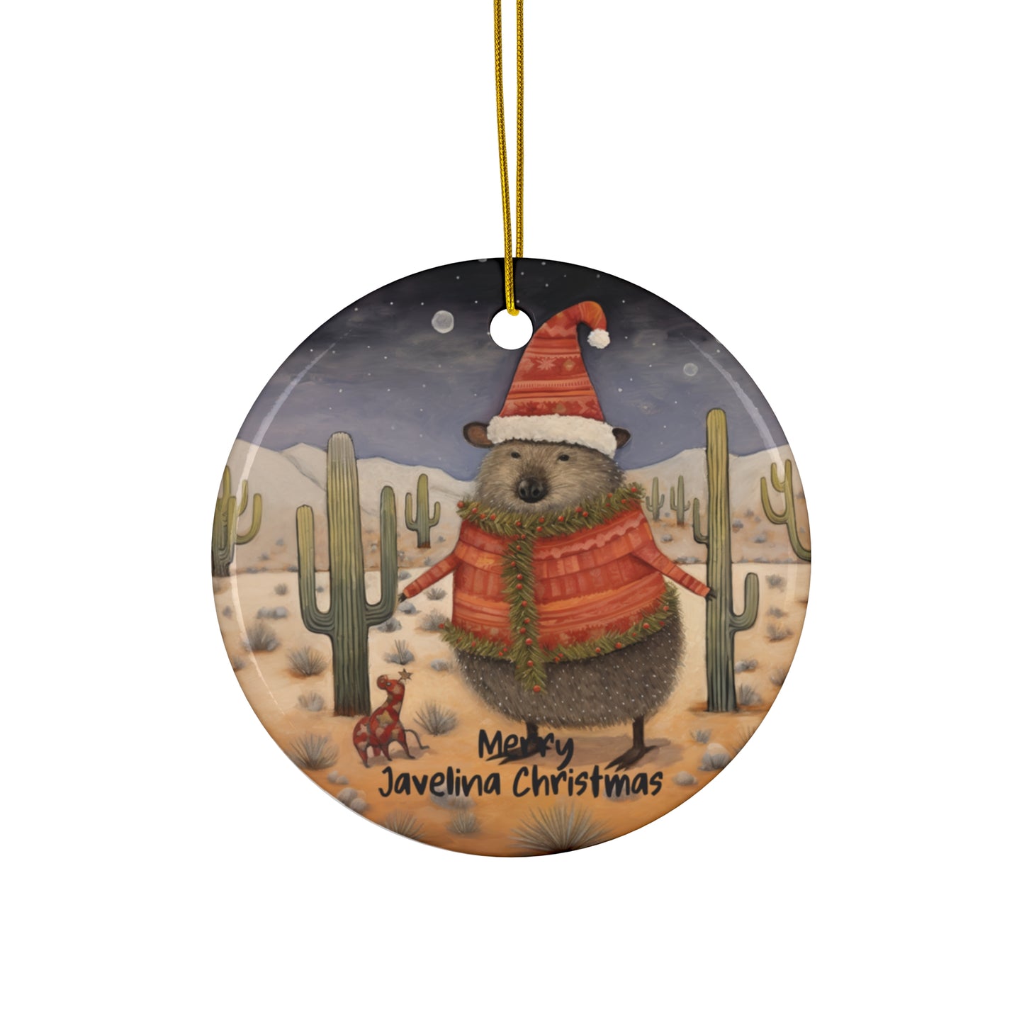 Merry Javelina Christmas - Desert Art Ornament, Sedona, Arizona, Christmas Gift, Christmas Cactus Gift Ceramic Ornament