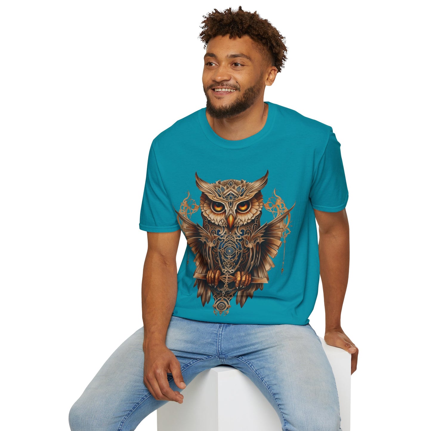 Art Deco Style Owl, Golden Owl Shirt, 1920's Steampunk Owl Christmas Gift  Unisex Tee Shirt, T-Shirt Softstyle T-Shirt Tee Teeshirt