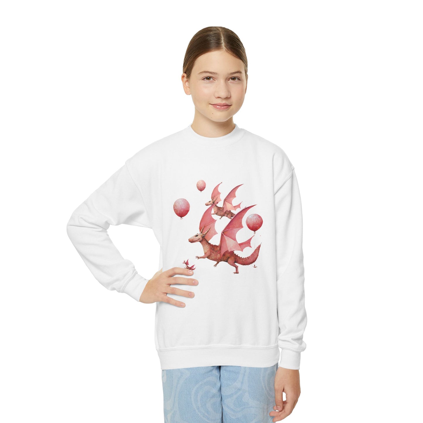 Pink Flying Dragon Sweatshirt, Dragon Lovers, Kids, Girls, Boys Youth Crewneck Sweatshirt Magic Birthday