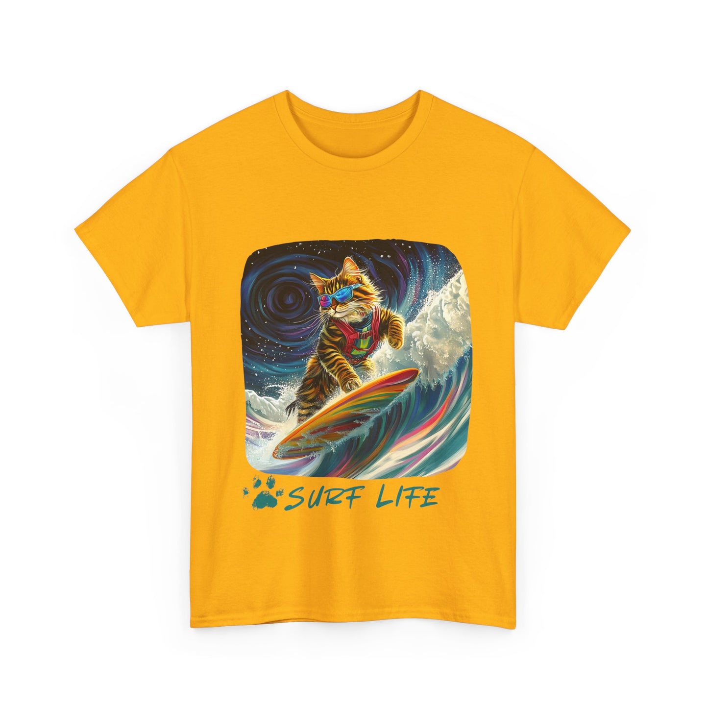 Surf LIfe - Surfer Surfing Cat Graphic Tee, Cat on Surfboard - Shirt reads "Surf Life" Cats Art Gift   -  Cool Cats Unisex Heavy Cotton Tee T-Shirt