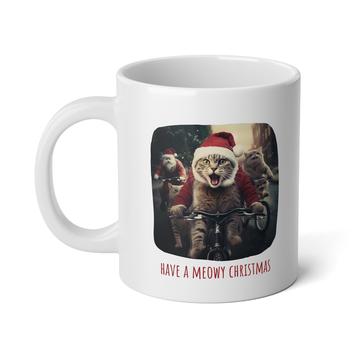 Have a Meowy Christmas Mug, Cat Lovers Bicycle Christmas Cat Gift, Cat Gift Mug,  Jumbo 20 oz Mug XL Size Mug