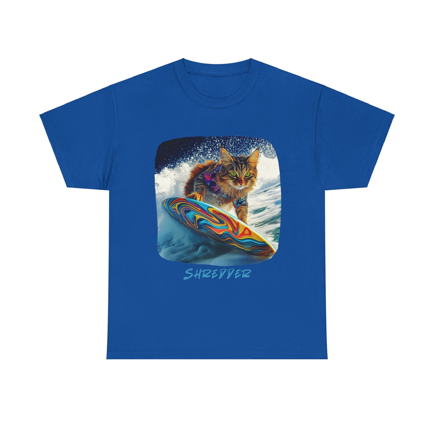 Shredder Surfer Cat, "Shredder" T-shirt, Cat on Surfboard Graphic Tee- Water Sports Cat (V1)  Cat Art Gift   -  Cool Cats Unisex Heavy Cotton Tee T-Shirt