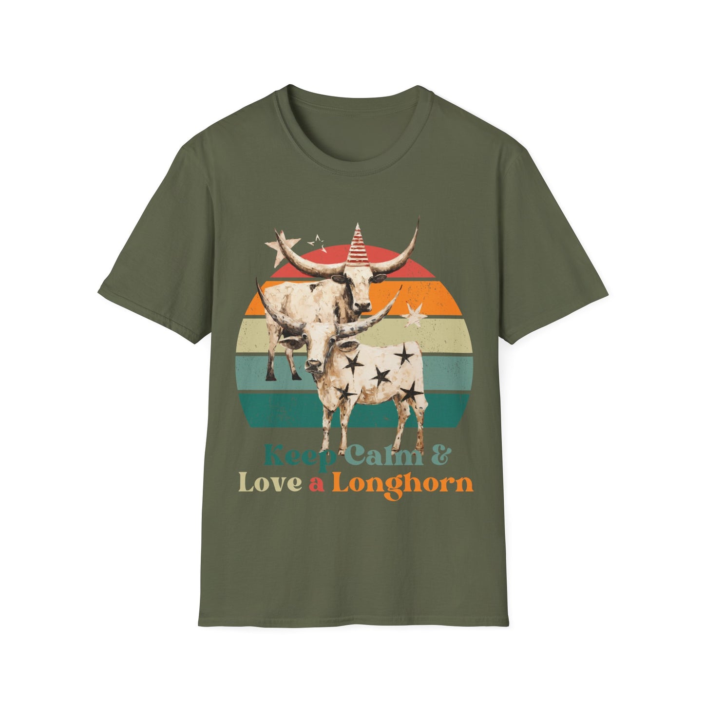 Retro Longhorn Texas Style "Keel Calm & Love a Longhorn" Cattle, Rodeo, Texas Star, Graphic T-Shirt,  Texas Softstyle Unisex Tee Shirt  - 60s 70s Vibe- Keep Calm Shirt