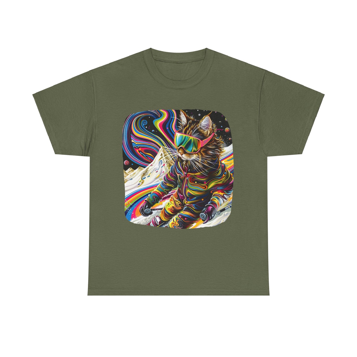 Ski Cat, Winter Sports Cat Shirt, Art Gift   -  Cool Cats Unisex Heavy Cotton Tee T-Shirt