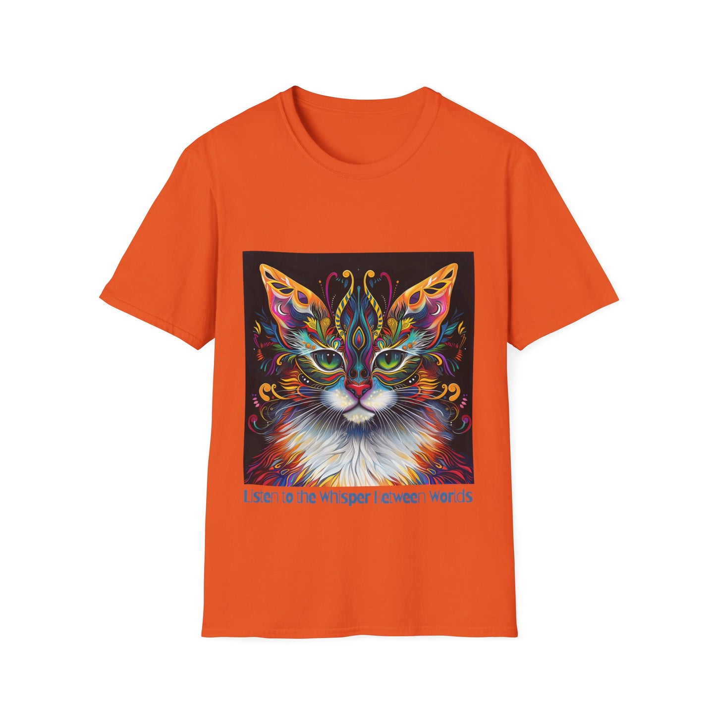 Listen to the Whisper Between Worlds- Shaman Graphic Cat Tee, Cat Lover's Graphic Tee Graphic Unisex T- Shirt, T-Shirt Cat Lovers Gift  Softstyle T-Shirt Tee Teeshirt Stylized Cat