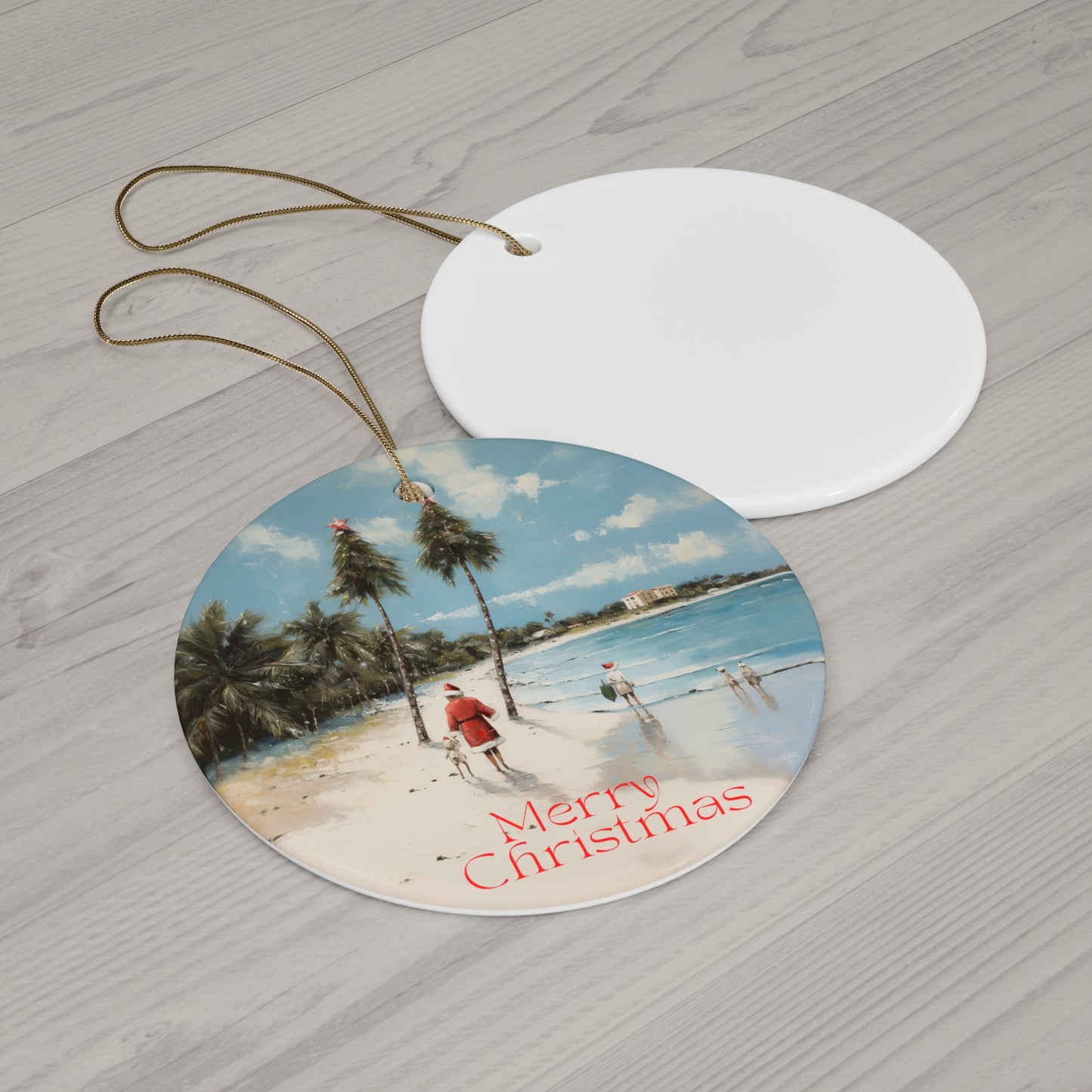 Florida Carolinas Cali Tropical Beach Seaside Santa Christmas Greetings -  Christmas Tree Keepsake Ornament Ceramic -  Palm Trees Christmas