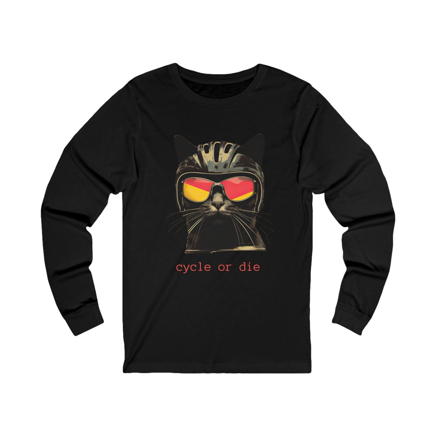 Cat in a Bike Helmet, Cat, Cycling Lover's Gift "Cycle or Die" Unisex Jersey Long Sleeve Tee Shirt, T-Shirt, Cat or Bike Lovers Gift