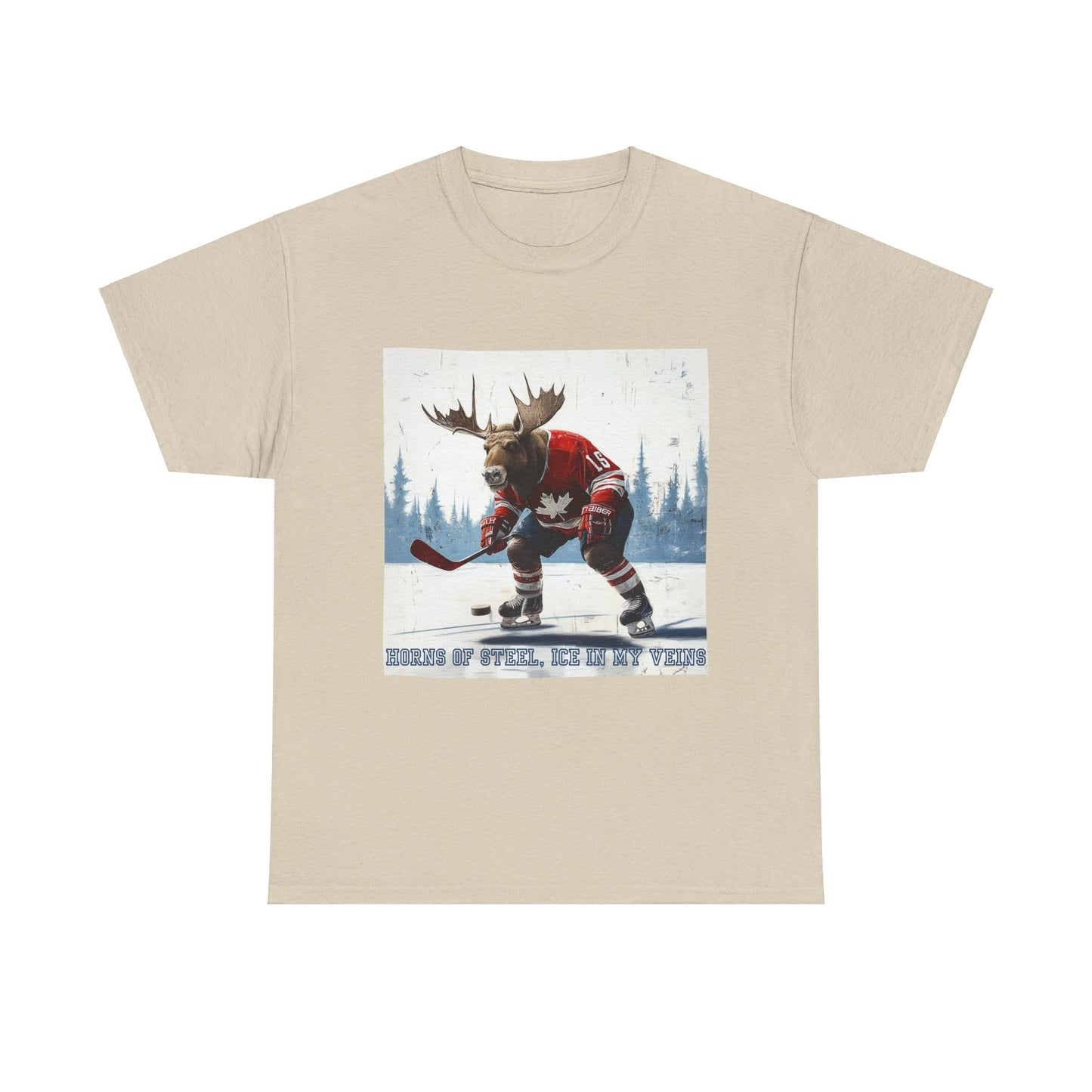 "Horns of Steel, Ice In My Veins" Hockey Player  Moose - Moose Lover Hockey Graphic Tee Unisex Heavy Cotton Tee T-Shirt