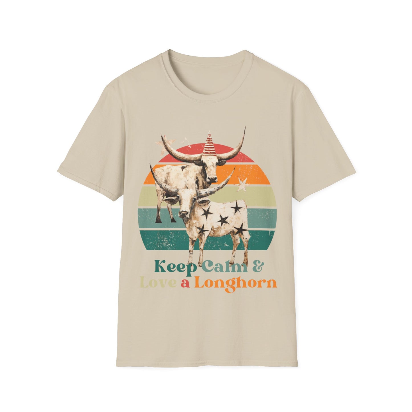 Retro Longhorn Texas Style "Keel Calm & Love a Longhorn" Cattle, Rodeo, Texas Star, Graphic T-Shirt,  Texas Softstyle Unisex Tee Shirt  - 60s 70s Vibe- Keep Calm Shirt