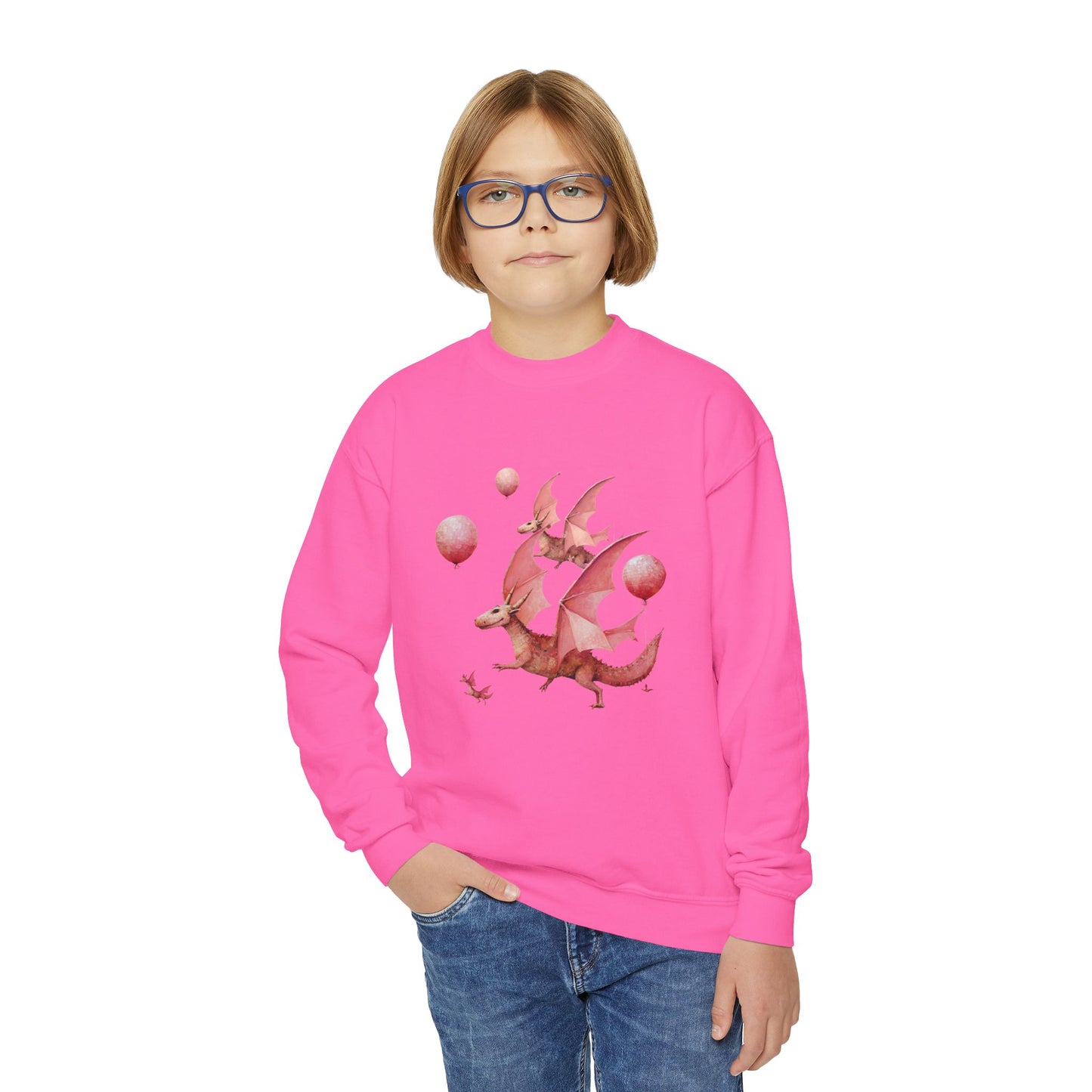 Pink Flying Dragon Sweatshirt, Dragon Lovers, Kids, Girls, Boys Youth Crewneck Sweatshirt Magic Birthday