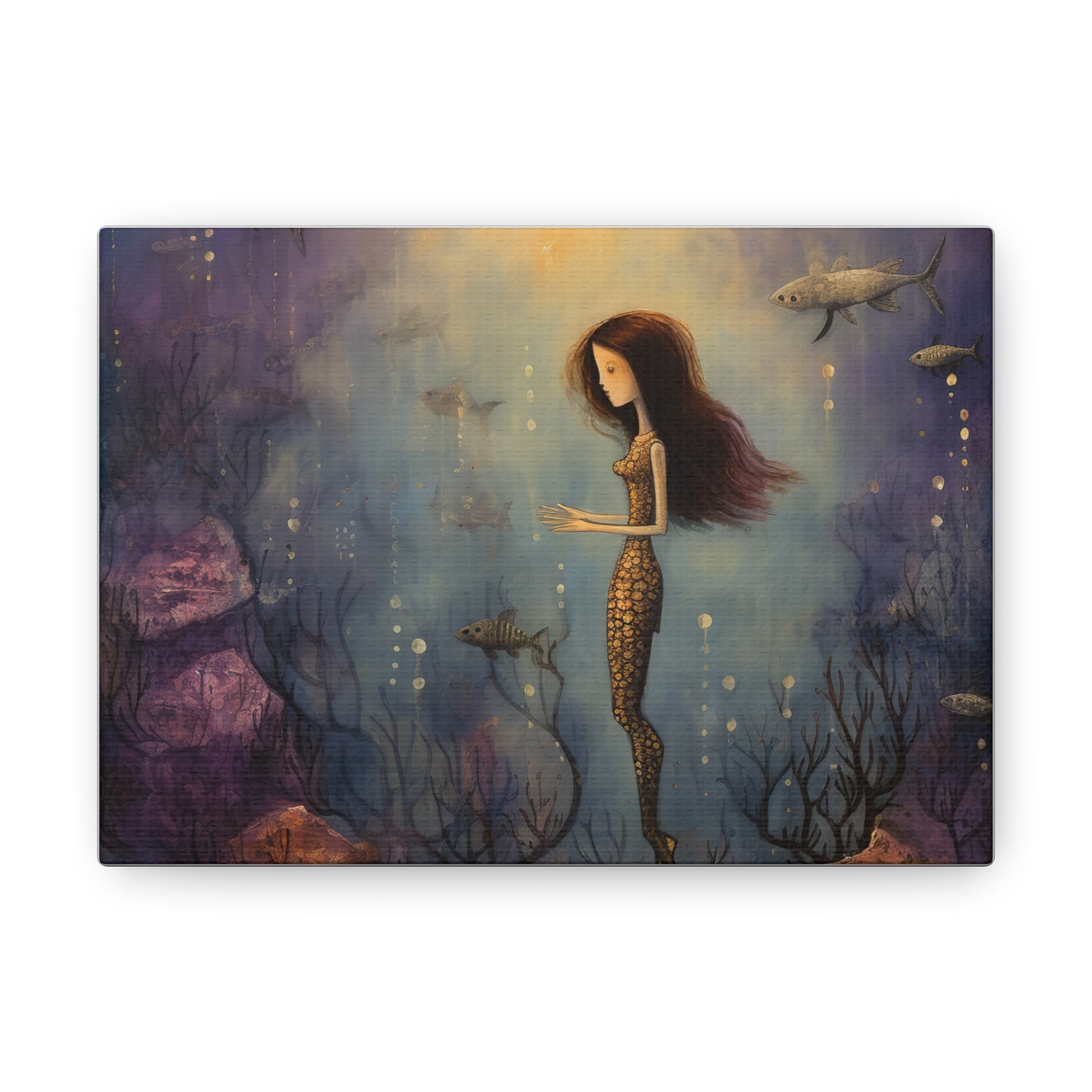 Purple Mermaid Underwater Scene, Mermaid Gift, Kids, Fantasy Mystical Fish Wall Art, Canvas, Flower Gift, Wall Art Painting Pastel