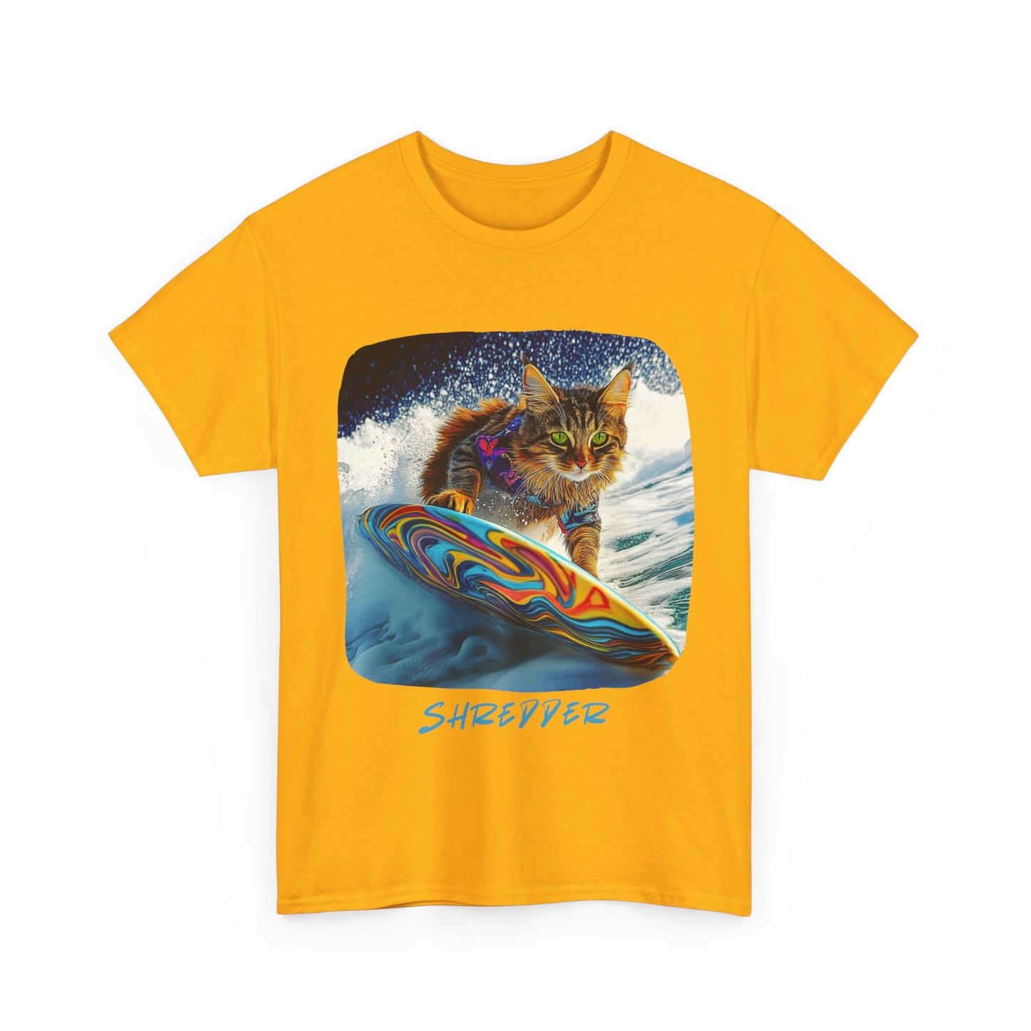 Shredder Surfer Cat, "Shredder" T-shirt, Cat on Surfboard Graphic Tee- Water Sports Cat (V1)  Cat Art Gift   -  Cool Cats Unisex Heavy Cotton Tee T-Shirt