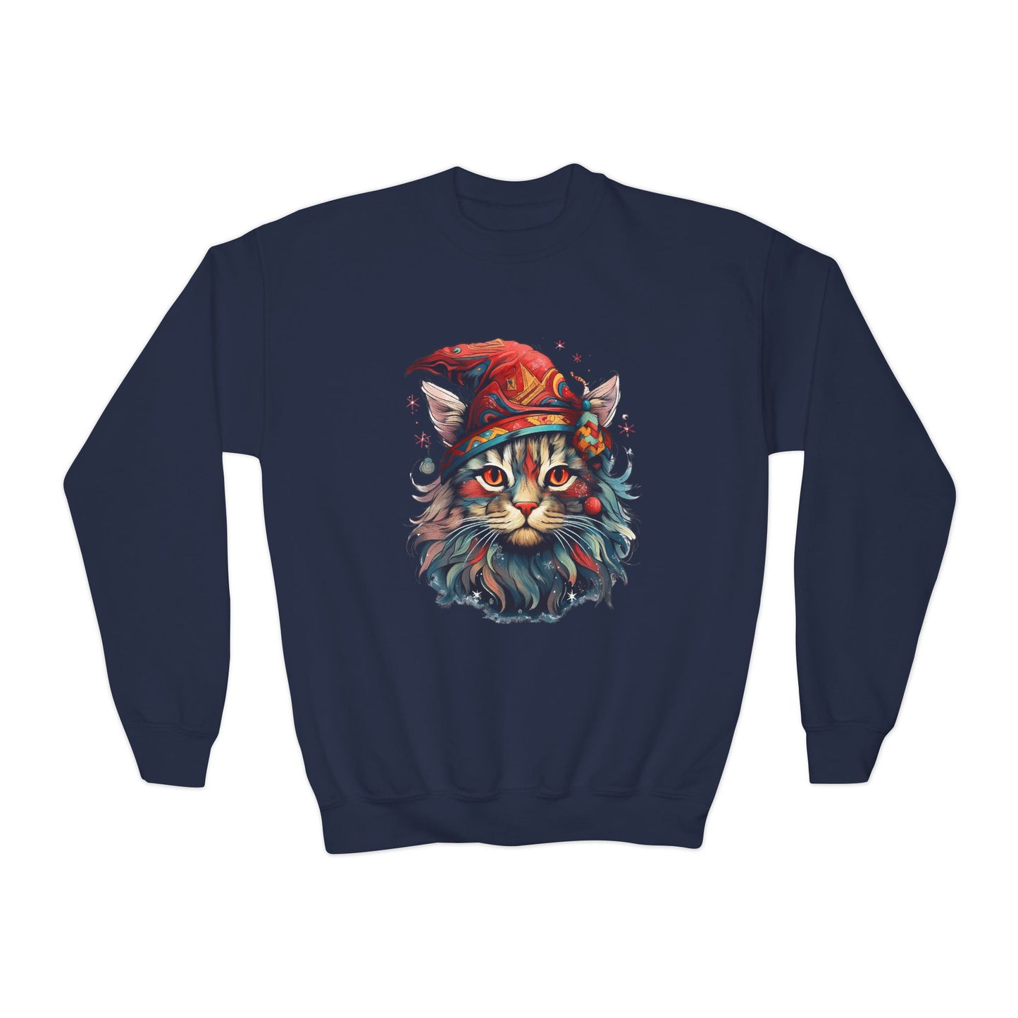 Santa's Cat Elf in Santa Hat, Kids Sweatshirt - Adorable Kids Youth Crewneck Sweatshirt -Christmas Cat Wizard Gift