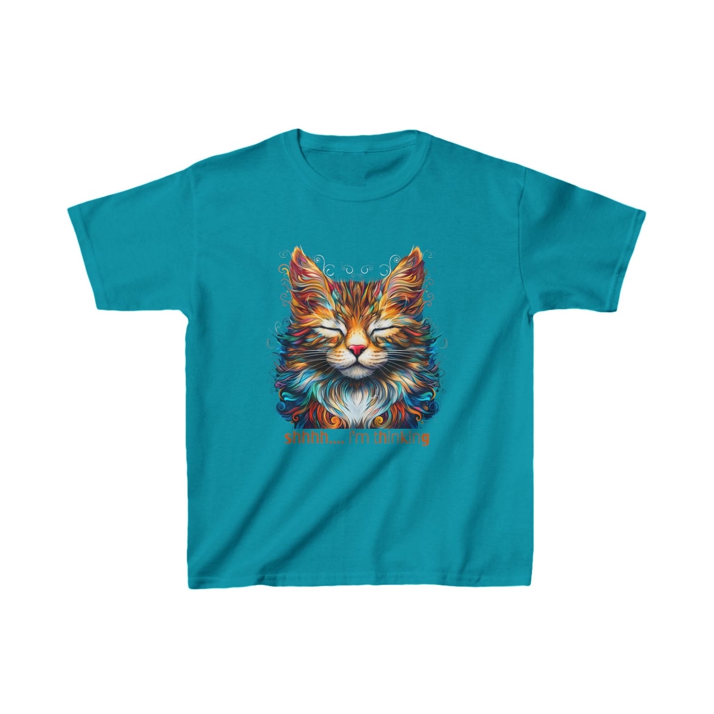 Kids - Thinking Cat Graphic Tee - Vibrant Cute Cat Design for Young Adventurers