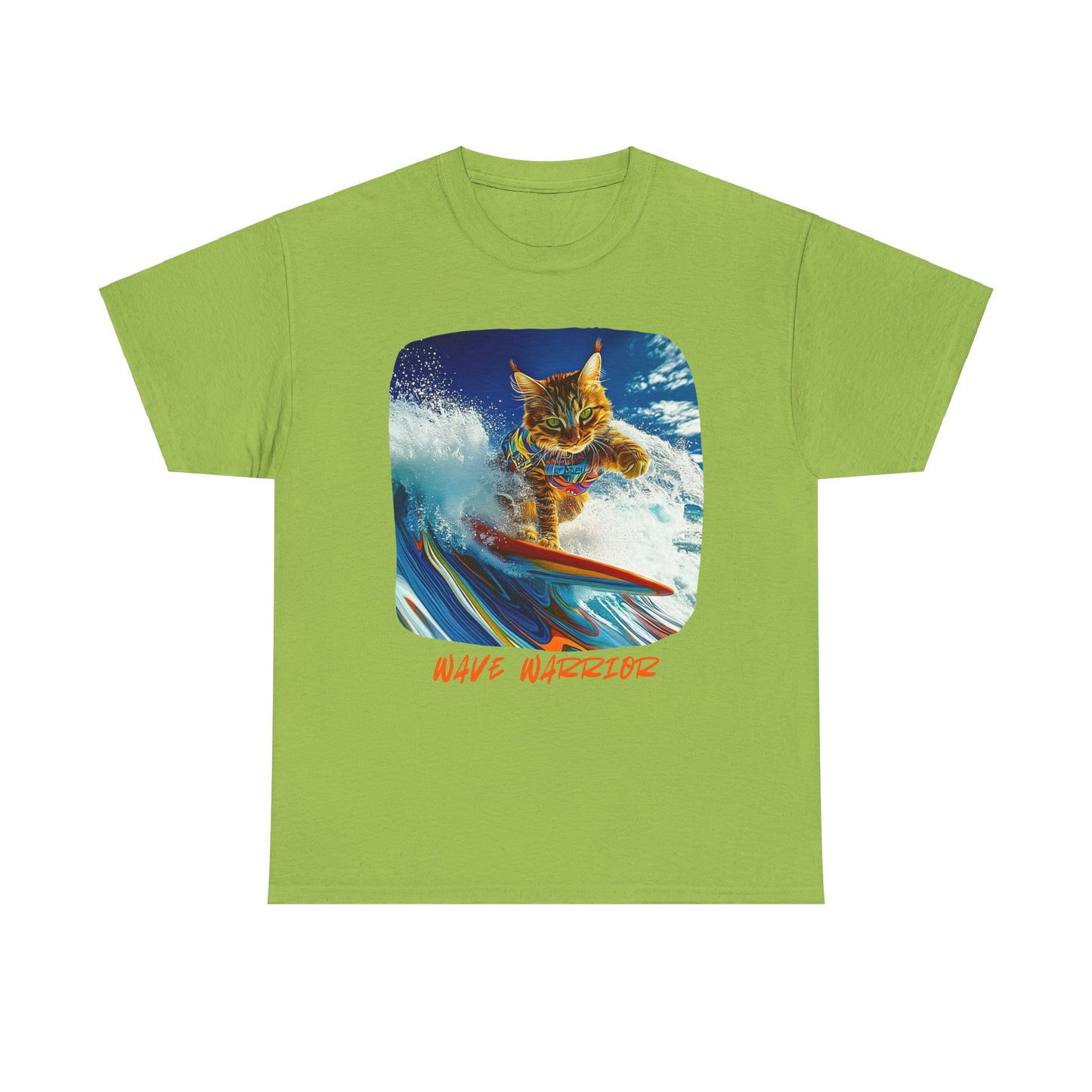 Wave Warrior Surfer Surfing Cat, Cat on Surfboard Graphic Tee reads "Wave Warrior"  Surf Life Cat ,Art Gift   -  Cool Cats Unisex Heavy Cotton Tee T-Shirt