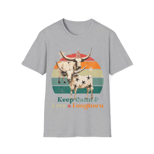 Retro Longhorn Texas Style "Keel Calm & Love a Longhorn" Cattle, Rodeo, Texas Star, Graphic T-Shirt,  Texas Softstyle Unisex Tee Shirt  - 60s 70s Vibe- Keep Calm Shirt