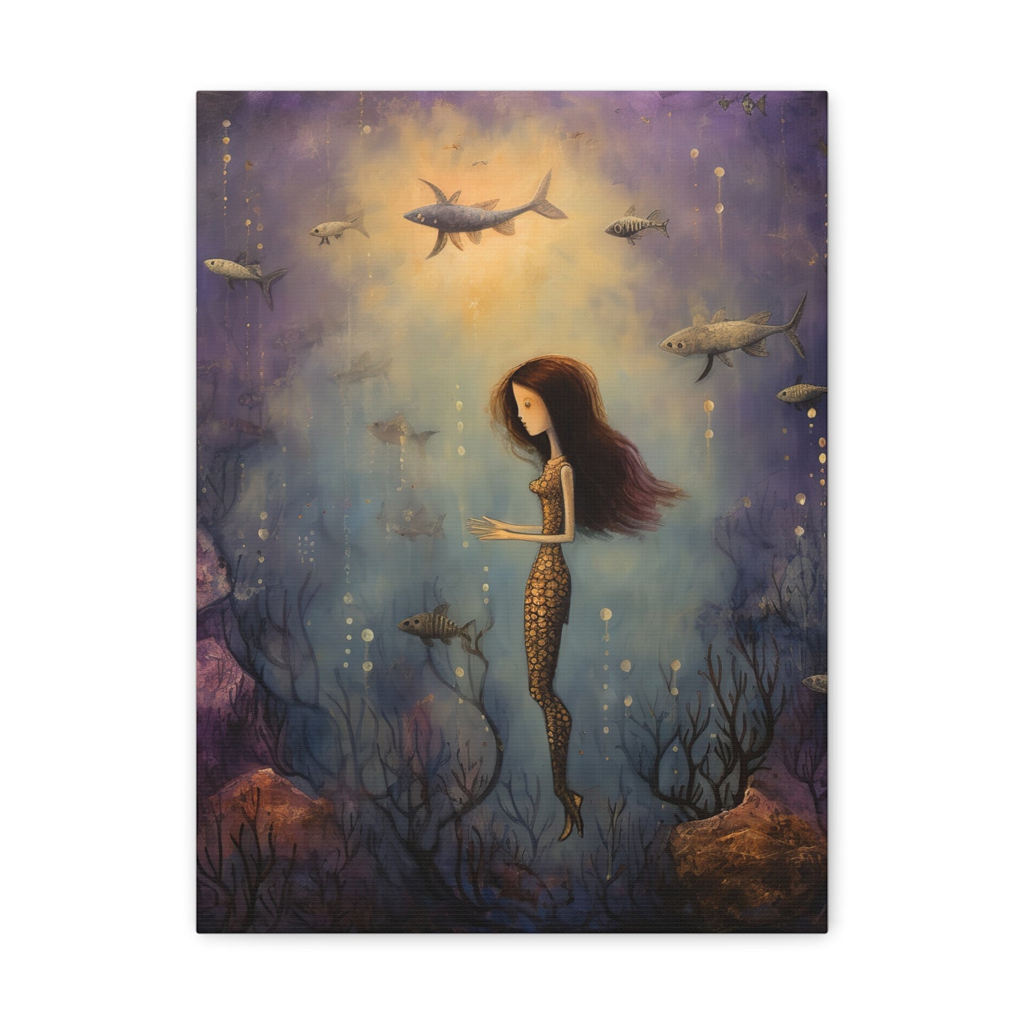 Purple Mermaid Underwater Scene, Mermaid Gift, Kids, Fantasy Mystical Fish Wall Art, Canvas, Flower Gift, Wall Art Painting Pastel