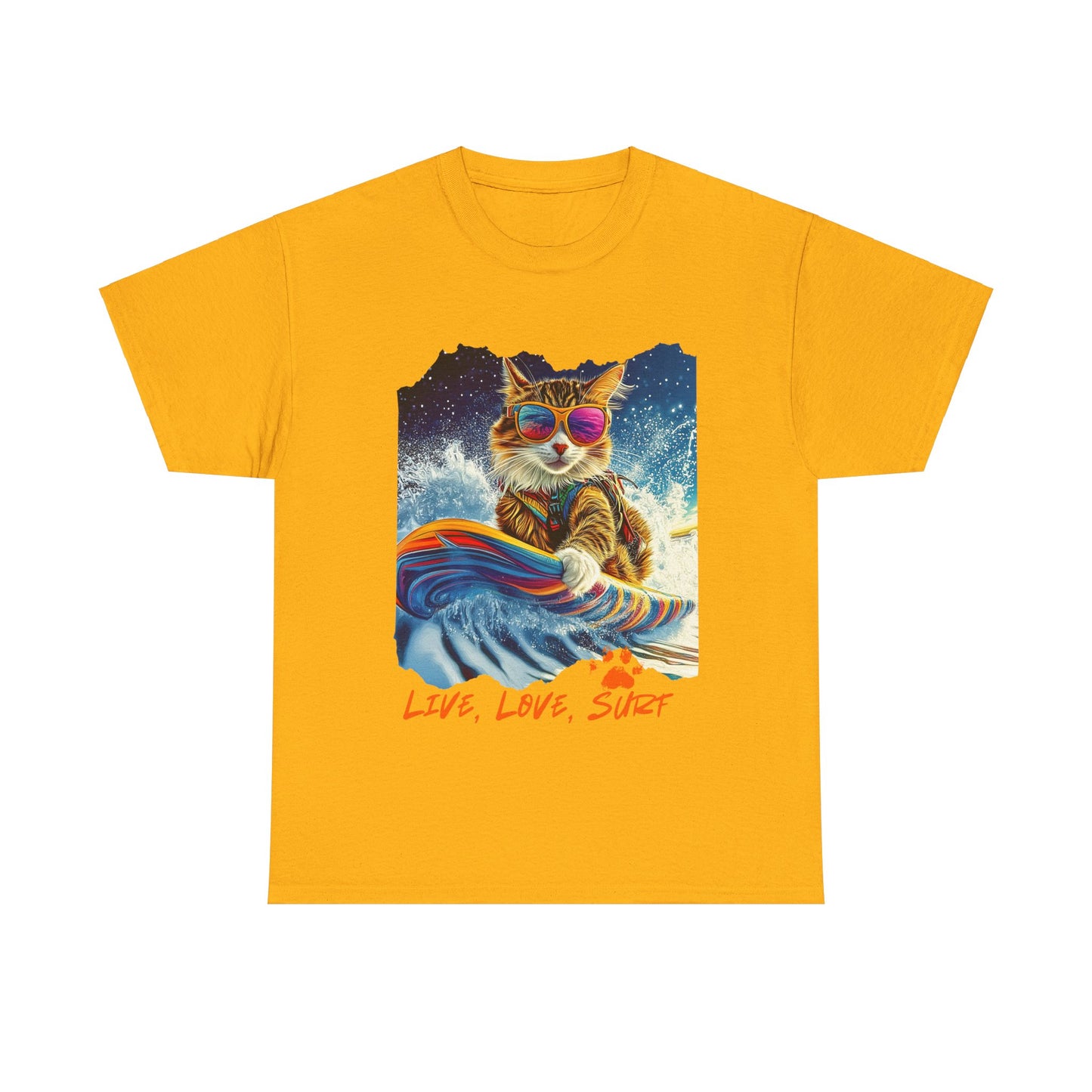 Live, Love Surf - Surfer Cat Graphic Tee, Cat on Surfboard  reads "Live, Love Surf"  Surf Life Cat ,Art Gift   -  Cool Cats Unisex Heavy Cotton Tee T-Shirt