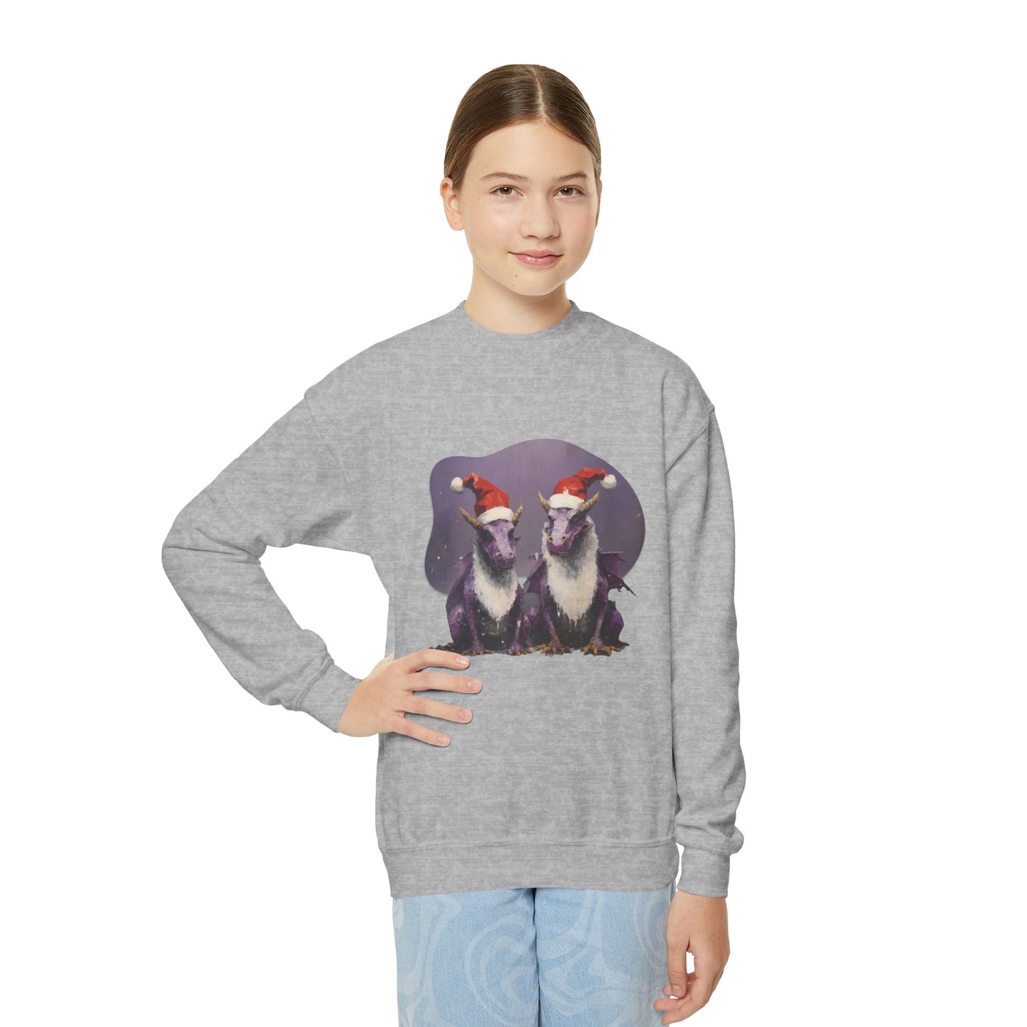 Christmas Holiday Dragons, Kids, Youth Boys Girls Crewneck Sweatshirt, Purple Dragons with Santa Hat, Long Sleeve Winter Shirt