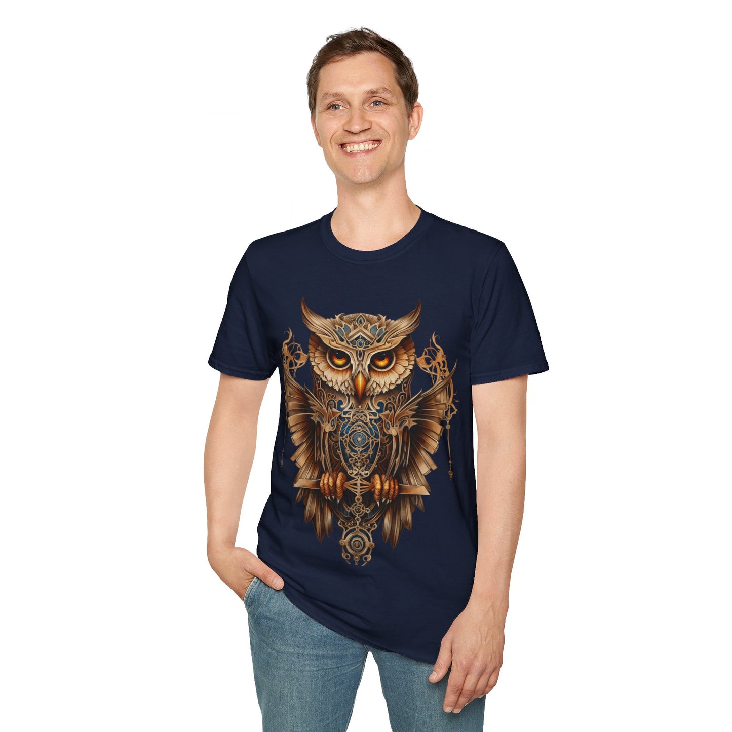 Art Deco Style Owl, Golden Owl Shirt, 1920's Steampunk Owl Christmas Gift  Unisex Tee Shirt, T-Shirt Softstyle T-Shirt Tee Teeshirt