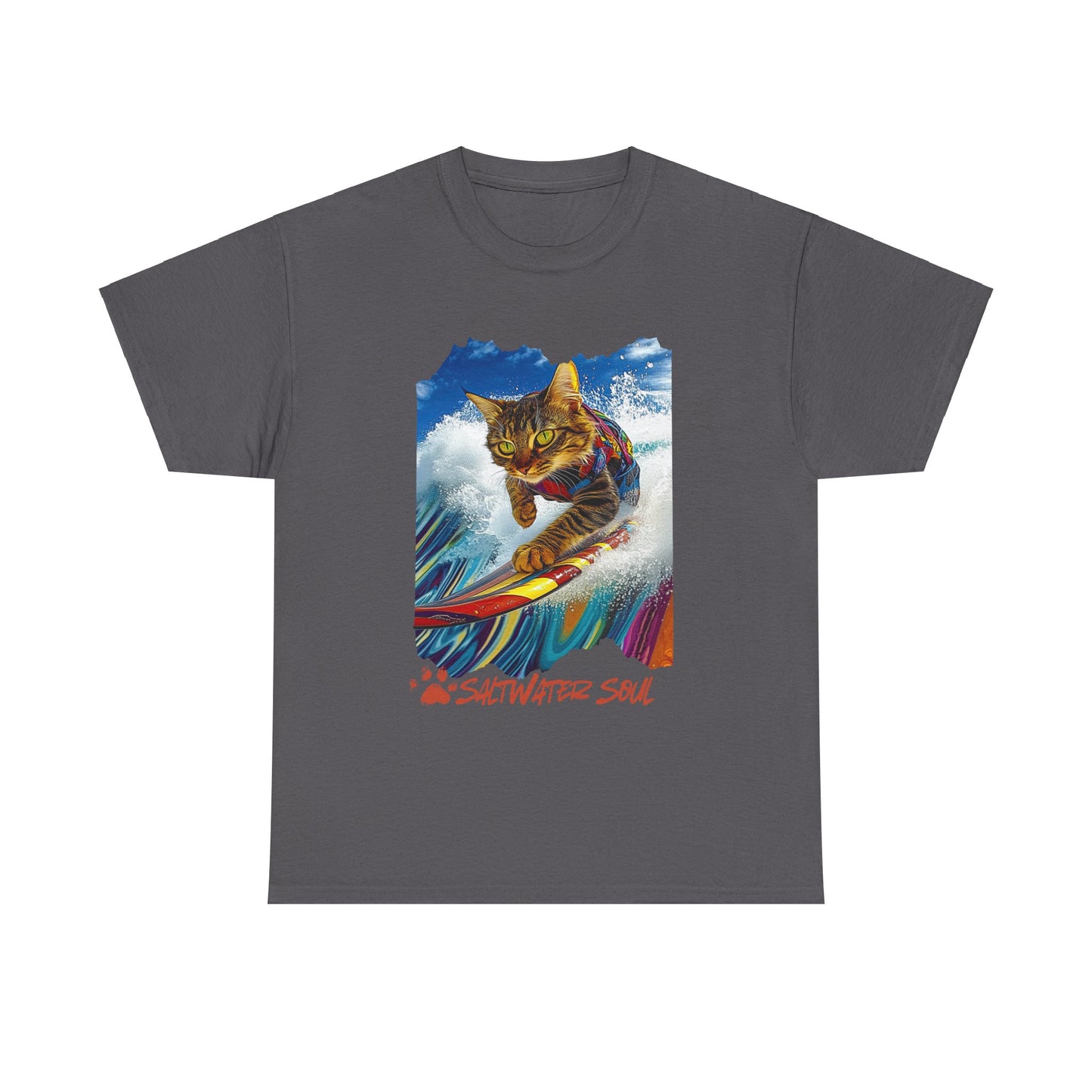 Saltwater Soul Surfer Cat, T-shirt, Cat on Surfboard Graphic Tee- Water Sports Cat  Cat Art Gift   -  Cool Cats Unisex Heavy Cotton Tee T-Shirt