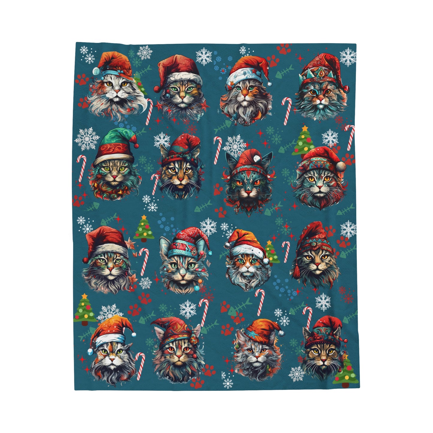 Christmas Cats in Santa Hats, Velveteen Plush Blanket, perfect for cat lover holiday gift.