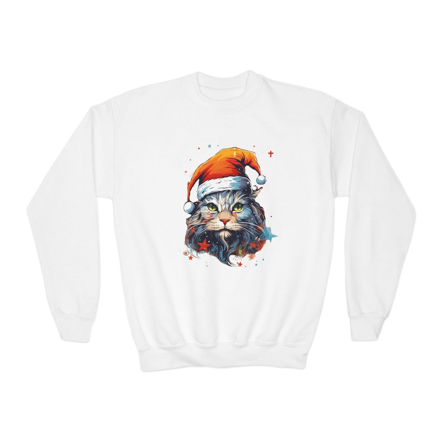 Scrappy White Cat in Santa Hat, Kids Sweatshirt - Adorable Kids Youth Crewneck Sweatshirt -Christmas Cat Lover Gift Shirt